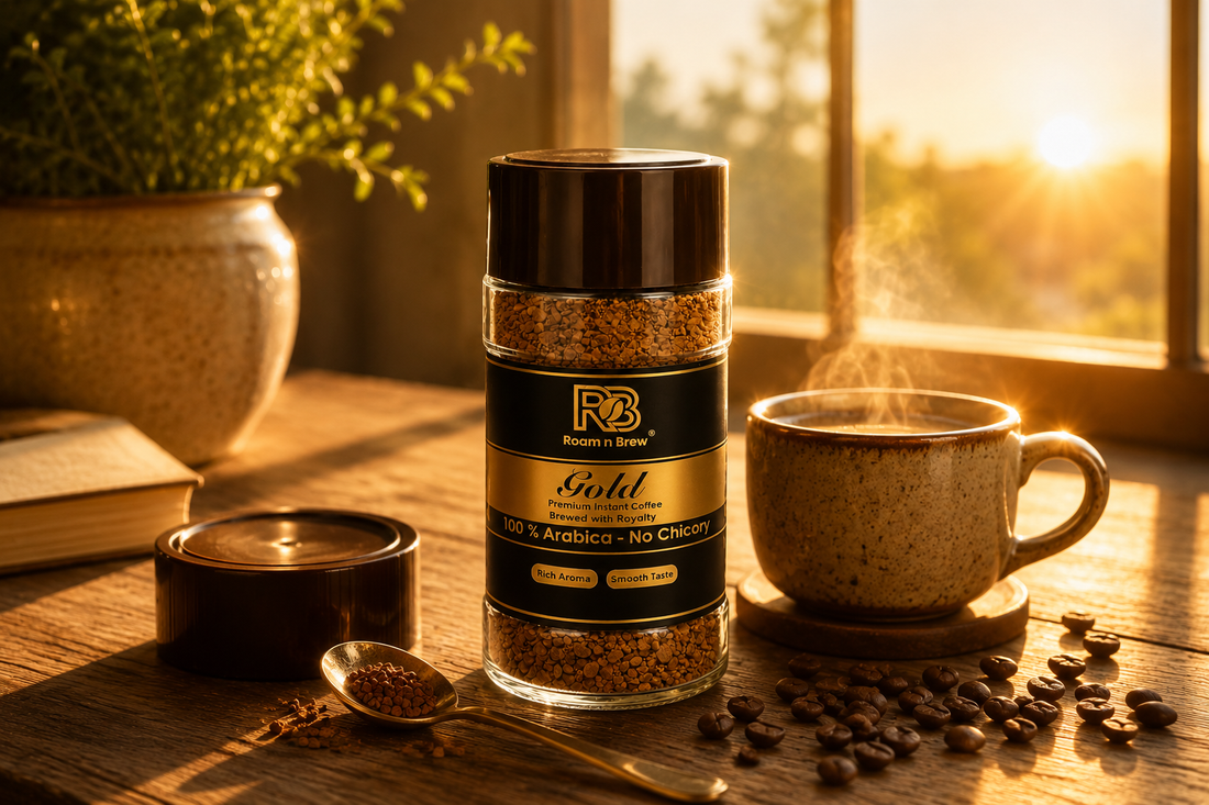 UDGAM Gold — Roam N Brew ki subah wali coffee, golden sunrise ritual