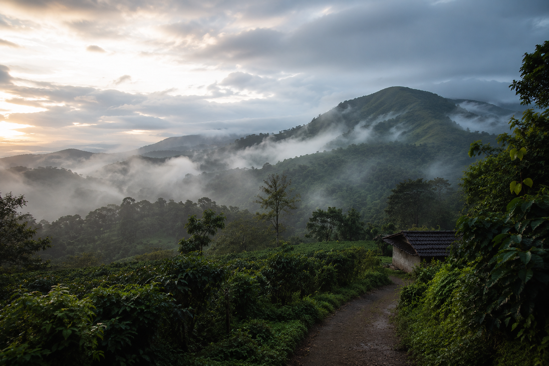 Coorg coffee plantation — misty hills at sunrise, Karnataka
